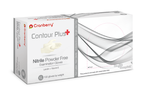 Cranberry Contour Plus® Nitrile Exam Gloves with lanolin & vitamin E. PLEASE CALL TO ORDER